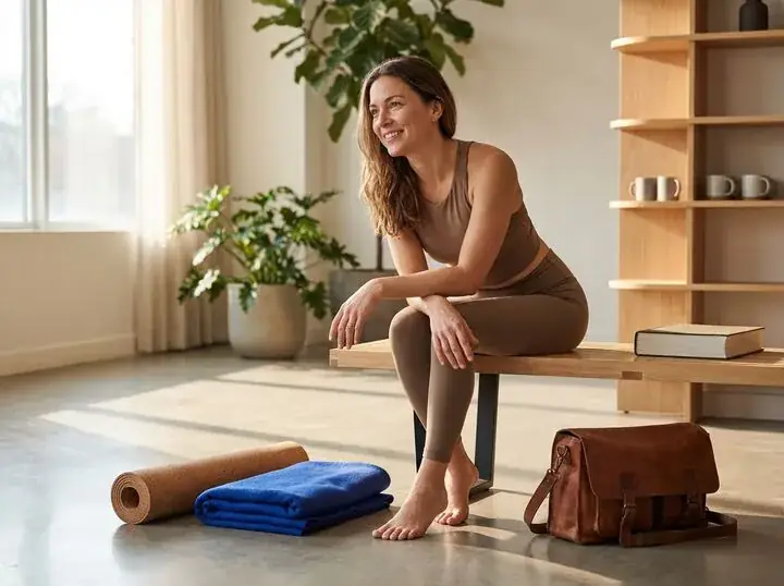 A woman sitting on a bench in a sunlit room, smiling, with a yoga mat nearby